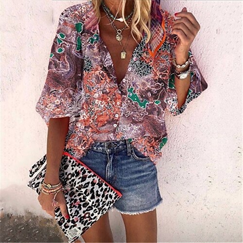 

Women's Blouse Flower Daily Weekend Blouse Shirt 3/4 Length Sleeve Print V Neck Casual Streetwear White Black Blue S