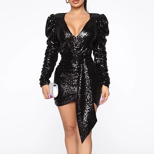 

1127 european and american women's clothing cross-border sequin dress sequin v-neck puff sleeves nightclub sexy dress