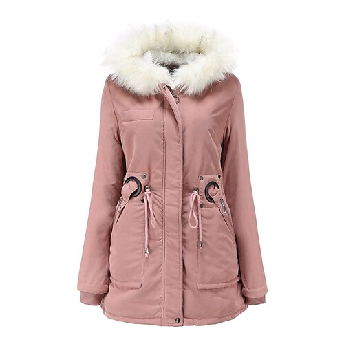 

Women's Winter Jacket Winter Coat Parka Windproof Warm Outdoor Street Daily Vacation Zipper Pocket Drawstring Fur Collar Zipper Hoodie Contemporary Casual Daily Modern Street Style Color Block