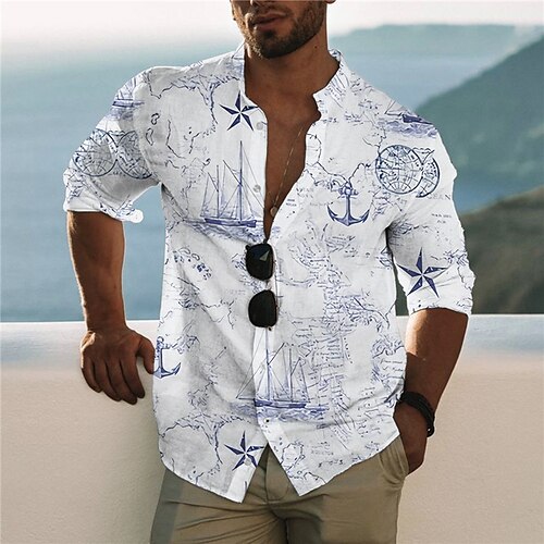 

Men's Shirt Map Graffiti Stand Collar Blue Long Sleeve 3D Print Outdoor Casual Button-Down Print Tops Fashion Designer Casual Comfortable / Sports