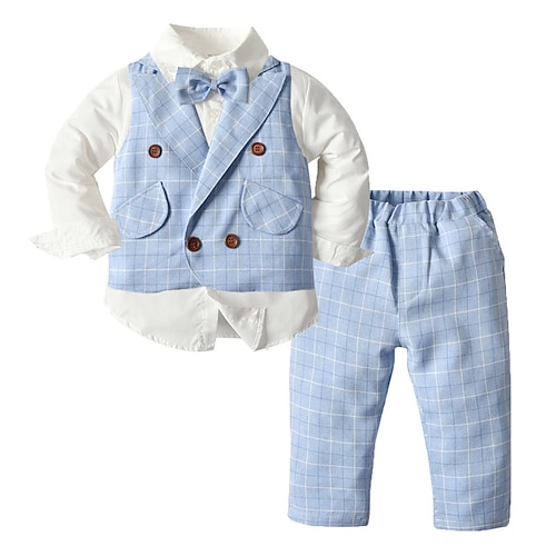

3 Pieces Kids Boys Shirt & Pants Clothing Set Outfit Plaid Long Sleeve Cotton Set School Fashion Preppy Style Winter Fall 2-6 Years Royal Blue Light Blue
