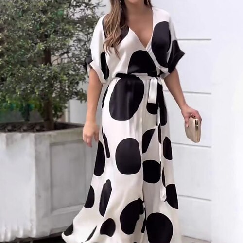 

Women's A Line Dress PolkaDotDress Maxi long Dress Black And White Short Sleeve Polka Dot Lace up Fall Winter Round Neck Fashion Modern 2022 S M L XL