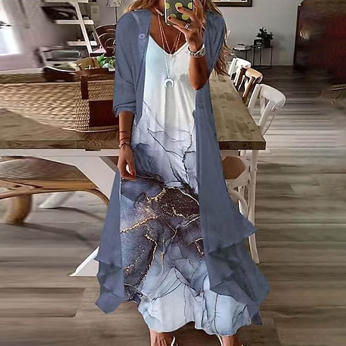 

Women's Dress Set Two Piece Dress Maxi long Dress Green Blue Long Sleeve Striped Print Print Fall Winter V Neck Vacation Mature 2022 S M L XL XXL 3XL