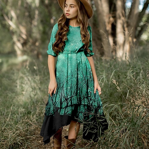 

Kids Girls' Halloween Dress Graphic Swing Dress Maxi Dress Daily Ruffle Half Sleeve Cute Dress 3-12 Years Winter Green Blue