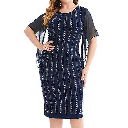 

Women's Plus Size Work Dress Striped Crew Neck Print Half Sleeve Spring Fall Work Formal Knee Length Dress Going out Work Dress