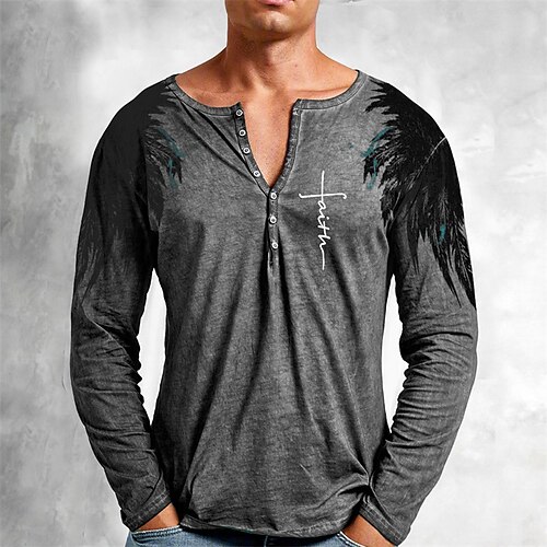 

Men's T shirt Tee Henley Shirt Tee Graphic Feather Henley Gray Long Sleeve 3D Print Plus Size Outdoor Daily Button-Down Print Tops Basic Designer Classic Comfortable / Sports