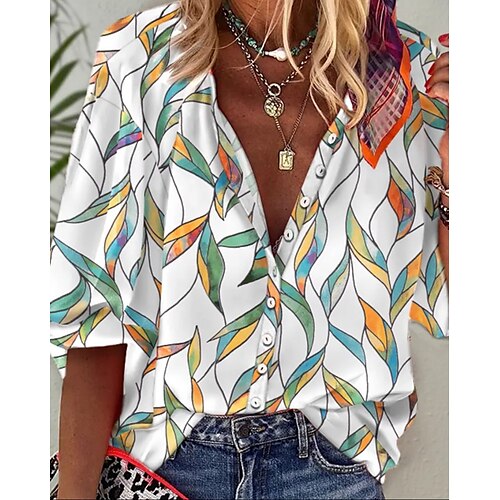 

Women's Blouse Shirt Green Leaves Button Print 3/4 Length Sleeve Holiday Weekend Streetwear Casual Shirt Collar Regular Floral S / 3D Print