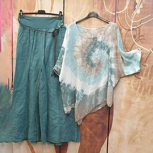 

Women's Plus Size Tops T shirt Tee Tie Dye Asymmetric 3/4 Length Sleeve Crewneck Streetwear Daily Vacation Polyester Fall Spring Green