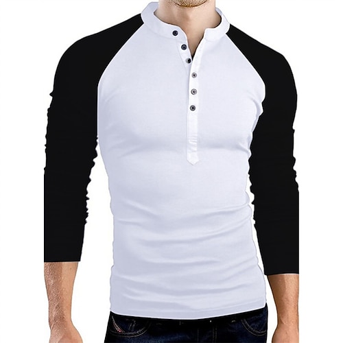 

Men's T shirt Tee Color Block Standing Collar Street Daily Patchwork Button-Down Long Sleeve Tops Designer Casual Fashion Comfortable Black / White