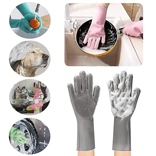 

Magic Dishwashing Gloves, Reusable Silicone Dish Gloves with Sponge Scrubbers for Kitchen, Bathroom Cleaning, Pet Hair Care, Car Washing