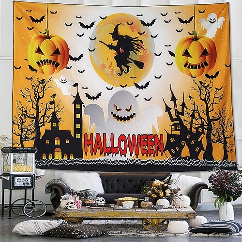 

Halloween Party Holiday Wall Tapestry Art Decor Blanket Curtain Picnic Tablecloth Hanging Home Bedroom Living Room Dorm Decoration Psychedelic Pumpkin Haunted Scary House Polyester
