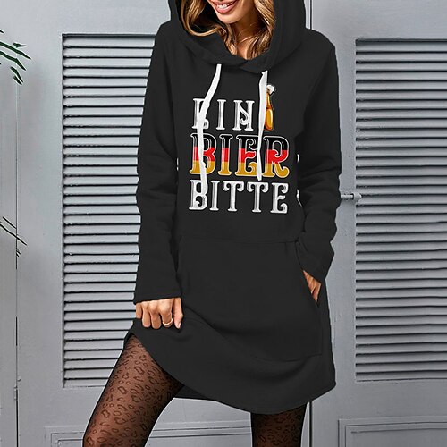 

Women's Hoodie Dress Shift Dress Short Mini Dress Black Long Sleeve Letter Pocket Print Fall Winter Hooded Casual Loose 2022 S M L XL XXL 3XL / Cotton