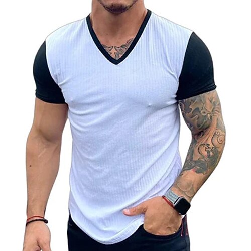 

Men's T shirt Tee Color Block V Neck Street Daily Short Sleeve Tops Casual Fashion Comfortable Black / White / Beach