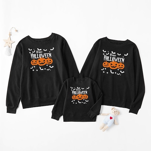 

Family Look Halloween Tops Pumpkin Halloween pattern Letter Daily Print Black Long Sleeve Basic Matching Outfits