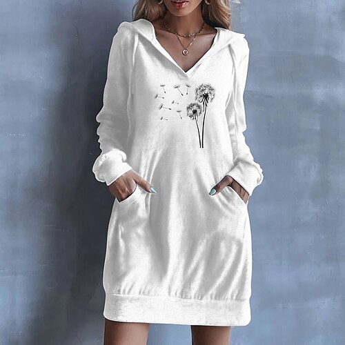 

Women's Pullover Hoodie Dress Streetwear Long Pocket Print Black White Gray Dandelion Daily Hooded Long Sleeve