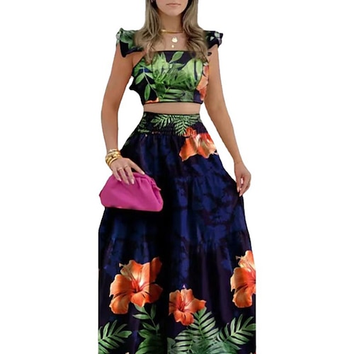 

Women's Two Piece Dress Swing Dress Maxi long Dress Dark Blue Sleeveless Floral Cold Shoulder Print Fall Winter Square Neck Stylish Modern Slim 2022 S M L XL