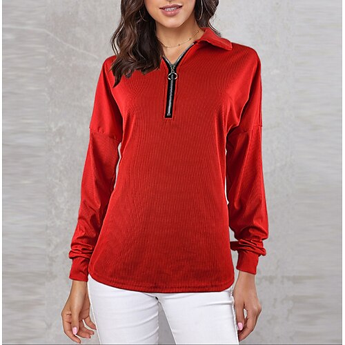 

Women's T shirt Tee Plain Casual Weekend T shirt Tee Long Sleeve Quarter Zip Shirt Collar Basic White Black Blue S