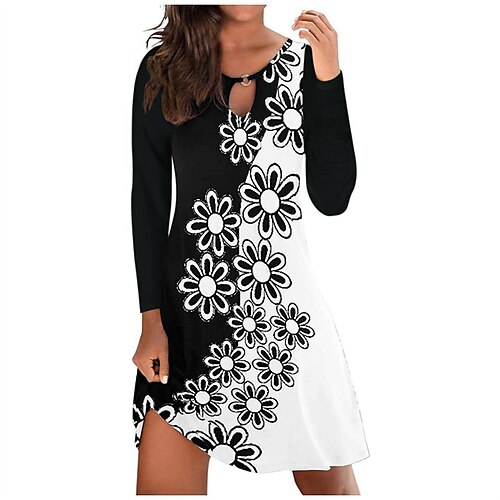 

Women's Plus Size Casual Dress Floral Crew Neck Print Long Sleeve Fall Spring Casual Short Mini Dress Daily Date Dress / Cotton