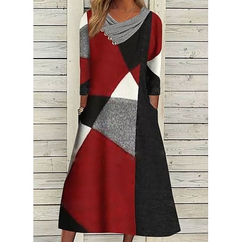 

Women's Casual Dress Shift Dress Midi Dress Red 3/4 Length Sleeve Color Block Patchwork Spring Fall Cowl Neck Fashion 2023 S M L XL XXL 3XL