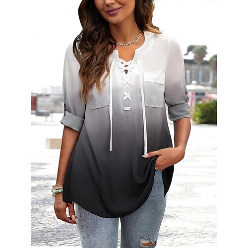 

Women's T shirt Tee Color Gradient Casual Weekend T shirt Tee Long Sleeve Pocket V Neck Basic Gray S