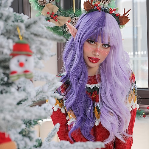 

Cosplay Holiday Wig Color Pink Wig Female Chemical Fiber Christmas Bangs Long Curly Hair High Temperature Silk Headgear Wig