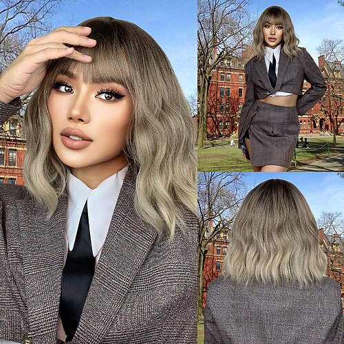 

Synthetic Wig Water Wave With Bangs Wig 18 inch Ombre Brown Synthetic Hair Women's Brown