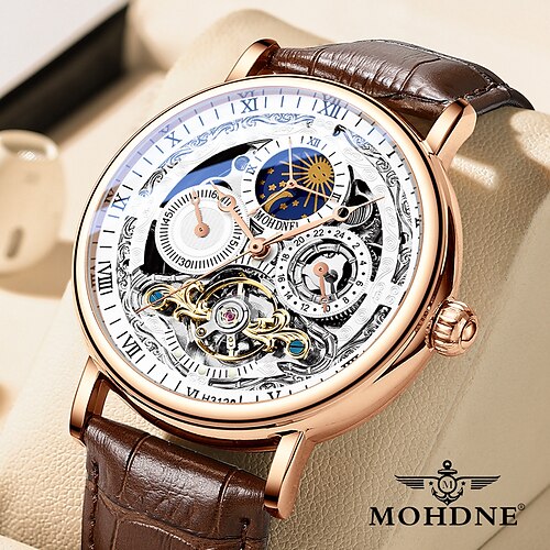 

MOHDNE Mechanical Watch for Men Analog Automatic self-winding Stylish Stylish Formal Style Waterproof Calendar Noctilucent Alloy Leather Fashion Moon Phase Hollow Heart