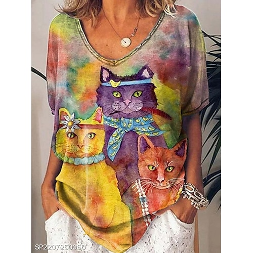 

Women's T shirt Tee Yellow Cat Print Short Sleeve Halloween Halloween V Neck Regular Loose Fit Cat S