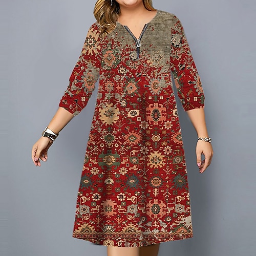 

Women's Plus Size Shift Dress Print Crew Neck Print Long Sleeve Fall Spring Casual Knee Length Dress Daily Vacation Dress