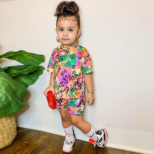 

2 Pieces Kids Girls' T-shirt & Shorts Clothing Set Outfit Letter Short Sleeve Cotton Set Vacation Fashion Daily Spring Summer 2-8 Years Purple