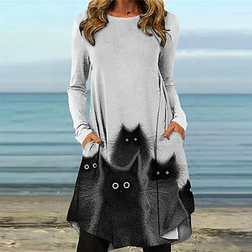 

Mulheres Vestido casual Vestido T shirt Vestido de turno Vestido no Joelho Cinzento Manga Longa Animal Bolsos Inverno Outono Gola Redonda Férias Roupa de inverno Vestido de outono 2023 S M L XL XXL