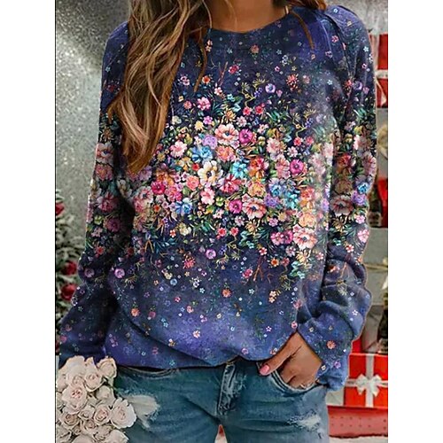 

Women's Sweatshirt Pullover Active Streetwear Print Blue Floral Daily Crew Neck Long Sleeve S M L XL XXL / 3D Print