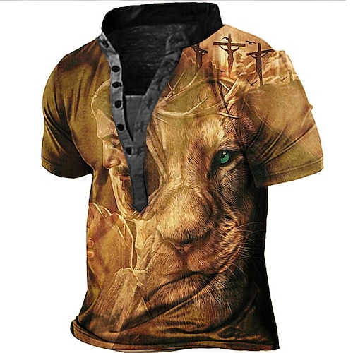 

Men's T shirt Tee Henley Shirt Tee 3D Print Graphic Lion Plus Size Stand Collar Daily Sports Button-Down Print Short Sleeve Tops Designer Basic Casual Big and Tall Brown / Summer