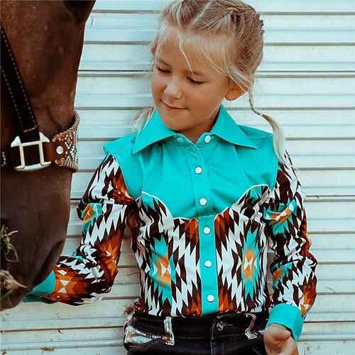 

Kids Girls' Shirt Long Sleeve 3D Print Geometric Button Blue Children Tops Fall Winter Fashion Streetwear Adorable Daily Indoor Outdoor Regular Fit 3-12 Years