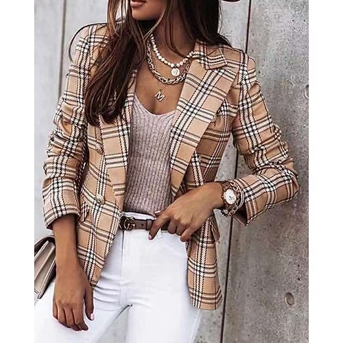 

Women's Blazer Regular Pocket Print Coat Blue Pink Camel Stylish OL Style Elegant Modern Daily Going out Work Outdoor Fall Winter Double Breasted Lapel Regular Fit S M L XL XXL