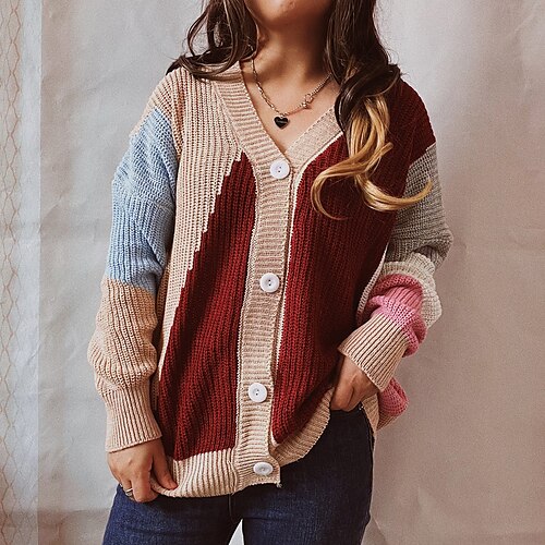 

Women's Cardigan Sweater Jumper Chunky Knit Tunic Knitted Color Block V Neck Stylish Casual Home Daily Fall Winter Gray Pink S M L / Long Sleeve