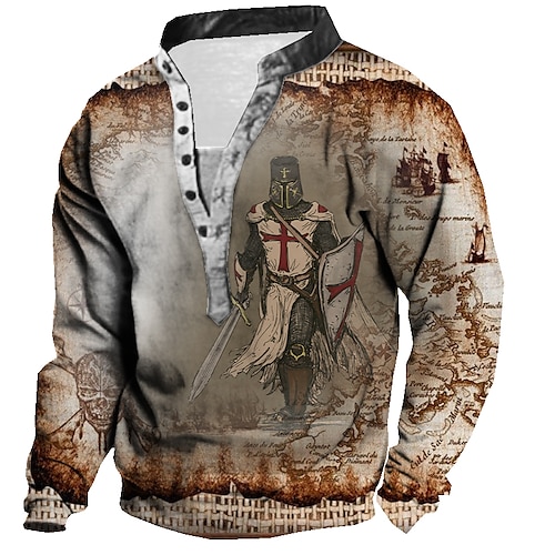 

Men's Unisex Sweatshirt Pullover Button Up Hoodie Khaki Brown Standing Collar Knights Templar Graphic Prints Human Print Casual Daily Sports 3D Print Streetwear Designer Casual Spring & Fall