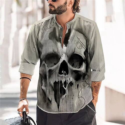 

Men's Shirt 3D Print Graphic Patterned Skull Collar Street Daily 3D Print Button-Down Long Sleeve Tops Lightweight Casual Fashion Classic Gray