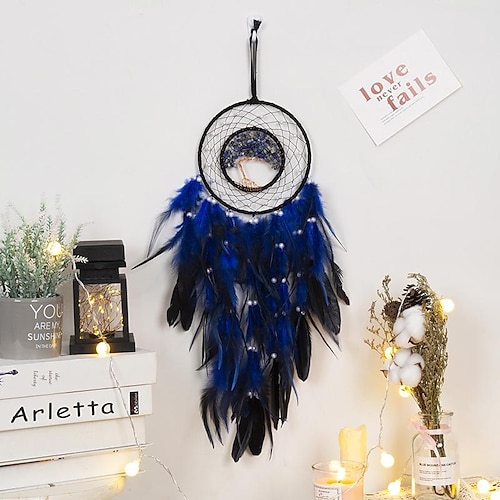 

Blue Life of Tree Dream Catcher Handmade Gift with Single Ring Blue Feather Wall Hanging Decor Art Wind Chimes Boho Style Car Hanging Home Pendant