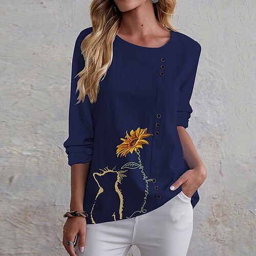 

Women's T shirt Tee Cat Sunflower Holiday Weekend Floral Cat Painting T shirt Tee Long Sleeve Button Print Round Neck Basic Blue Navy Blue S / 3D Print