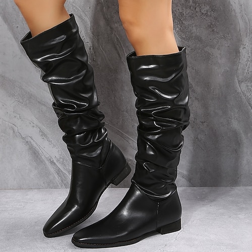 

Women's Boots Slouchy Boots Knee High Boots Block Heel Pointed Toe Classic Daily Walking Shoes PU Leather Loafer Fall Winter Solid Colored White Black