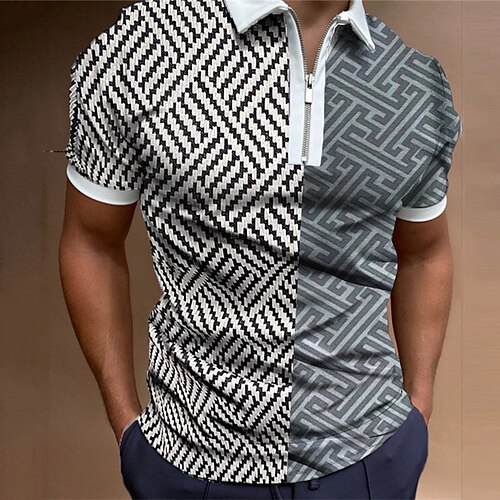 

Men's Collar Polo Shirt Golf Shirt Geometry Turndown Blue 3D Print Outdoor Street Short Sleeves Zipper Print Clothing Apparel Fashion Casual Breathable / Summer / Spring / Summer