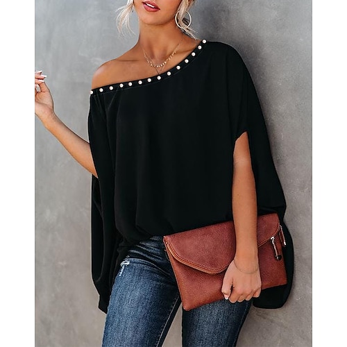 

Women's Blouse Shirt Black Plain Beaded Short Sleeve Daily Weekend Casual One Shoulder Regular Loose Fit Batwing Sleeve S