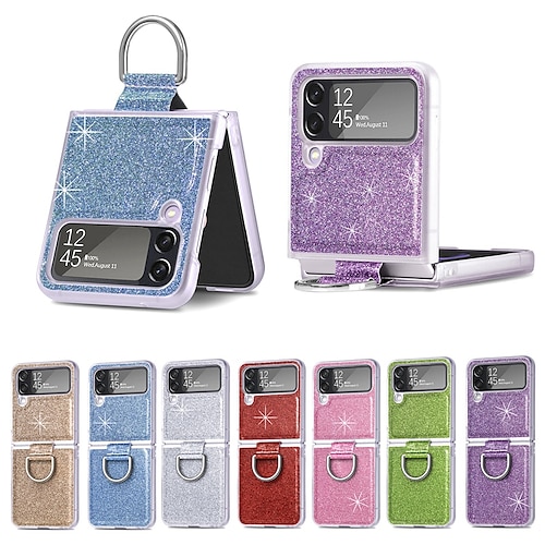 

Phone Case For Samsung Galaxy Flip Z Flip 4 Flip Case with Ring Shockproof Solid Colored Glitter Shine PC