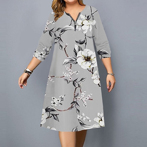 

Women's Plus Size Work Dress Floral V Neck Print Long Sleeve Fall Spring Stylish Work Midi Dress Vacation Going out Dress