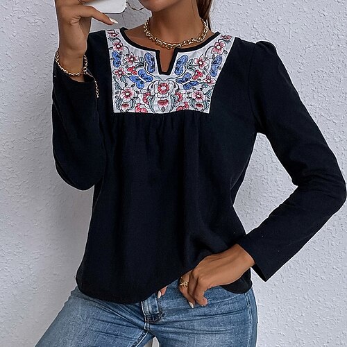 

Women's Blouse Color Block Flower Daily Weekend Bohemian Theme Blouse Shirt Long Sleeve Patchwork Print Round Neck Casual Boho Black S