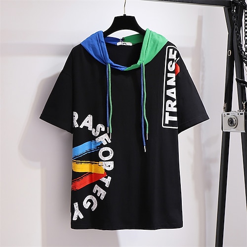 

Women's Plus Size Tops Hoodie Sweatshirt Color Block Letter Print Short Sleeve Hooded Basic Streetwear Daily Going out Cotton Fall Winter Black Yellow