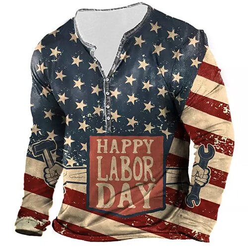 

Men's T shirt Tee Henley Shirt Tee Graphic National Flag Henley Blue Long Sleeve 3D Print Plus Size Outdoor Daily Button-Down Print Tops Basic Designer Classic Comfortable / Sports