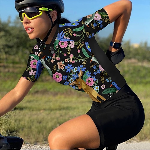 

21Grams Women's Cycling Jersey Short Sleeve Bike Top with 3 Rear Pockets Mountain Bike MTB Road Bike Cycling Breathable Quick Dry Moisture Wicking Reflective Strips Black Floral Botanical Polyester