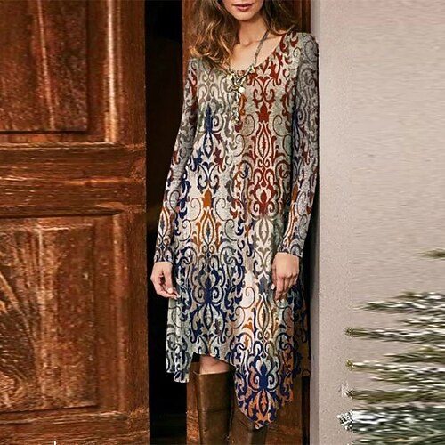 

Women's T Shirt Dress Tee Dress Shift Dress Knee Length Dress Green Gray Khaki Long Sleeve Floral Print Fall Winter Crew Neck Casual Mature 2022 S M L XL XXL 3XL 4XL 5XL / Casual Dress